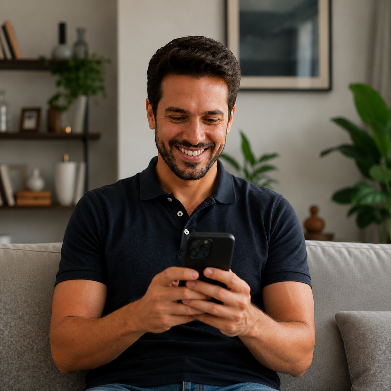 Pessoa sorrindo com celular